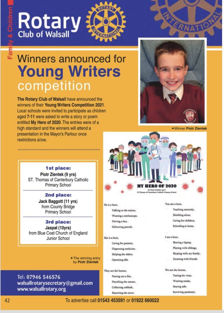 Winners of the Young Writers Competition 2021 Walsall Rotary Club